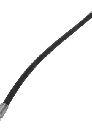 The AGCO | Hydr. Hose - Acw3067450 is a flexible black hydraulic hose equipped with metal connectors on both ends, including one connector featuring a red ring for secure attachment. There is currently no additional product description information available.