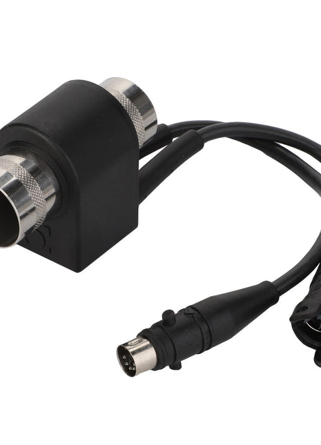 The AGCO Population Sensor - Acp0000270 is a sleek black electrical connector featuring two output cables; one cable terminates in a round multi-pin connector while the other ends in a flat plug.