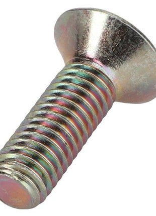 The AGCO Countersunk Capscrew - Fel116318, a metallic flat head screw with a multi-colored sheen, is shown against a white background. This product features a tapered top and threaded body.