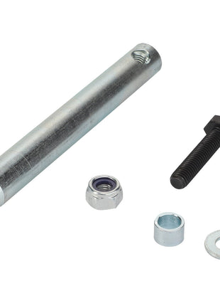 Displayed on a white background are components from the AGCO | PIN KIT - AL4500859, including a cylindrical metal rod, a black hex bolt, a hex nut, a smaller metal sleeve, and a flat washer. No current product description information is available.