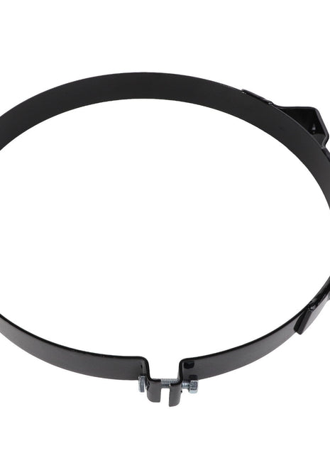 The AGCO | BAND - AG122213 by AGCO is a black metal ring that includes two brackets on opposite sides and a screw fastener at the bottom. Further product description information is currently unavailable.