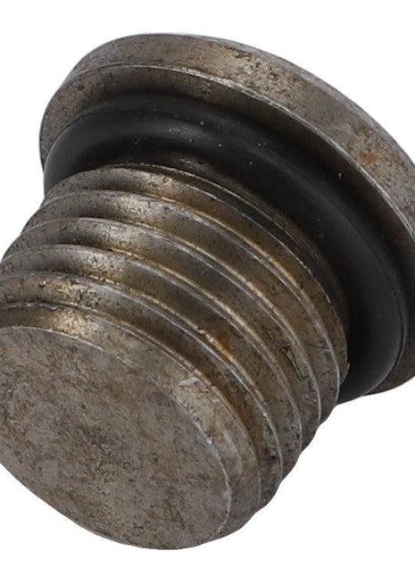 Close-up of the AGCO RESTRICTOR - AL11120606, featuring a metallic threaded plug with a black rubber gasket securely fitted around the threads.