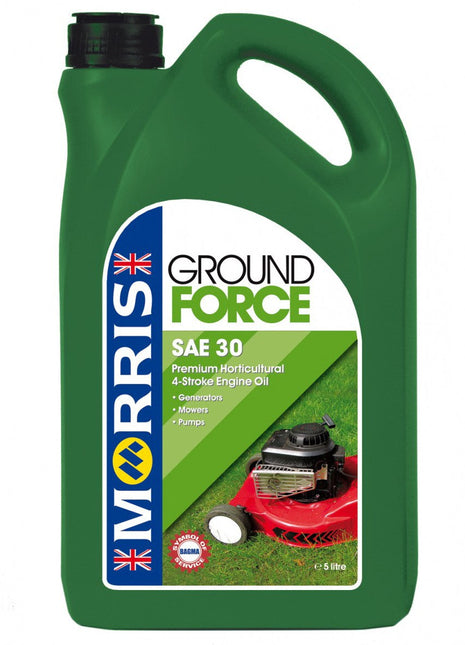 A green container of AGCO Engine Oil - Vacc3205, suitable for generators, mowers, and pumps, with a 5-liter capacity. Ideal for use in equipment from brands like Massey Ferguson and Valtra.