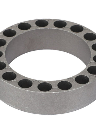 This is the AGCO Spring Housing - Acp0445490, a round metal component featuring a central hole and multiple smaller holes evenly spaced around the perimeter. Unfortunately, no current product description is available for this precise and meticulously crafted item.