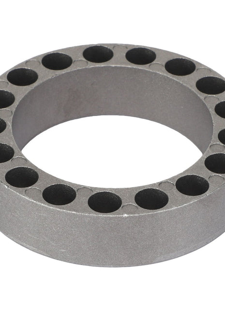 This is the AGCO Spring Housing - Acp0445490, a round metal component featuring a central hole and multiple smaller holes evenly spaced around the perimeter. Unfortunately, no current product description is available for this precise and meticulously crafted item.