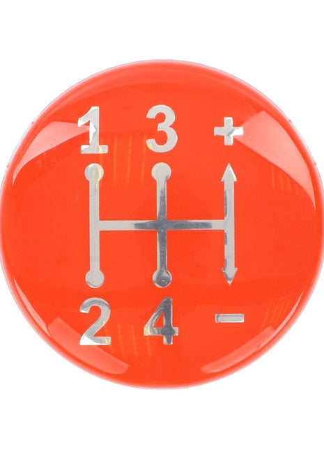 The AGCO Cap, Controls & Levers - 3821980M1 is a red gear shift knob featuring a diagram of a four-speed manual transmission pattern, numbered 1 through 4 with plus and minus symbols, designed for use with Massey Ferguson Models.