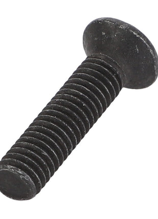 The AGCO Bolt - Acp0418850 is a black metal bolt with a round, flat head and threaded body, making it perfect for secure fastening.