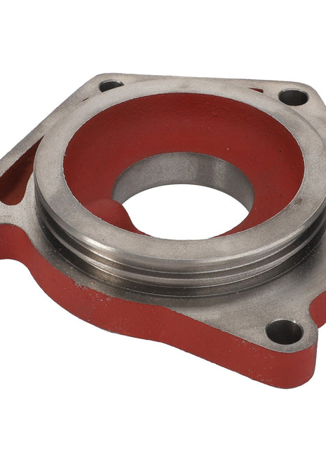 The AGCO Intermediate Flange - F119200211220, finished with a red coating, features a central circular opening and three bolt holes, making it ideal for diverse applications.