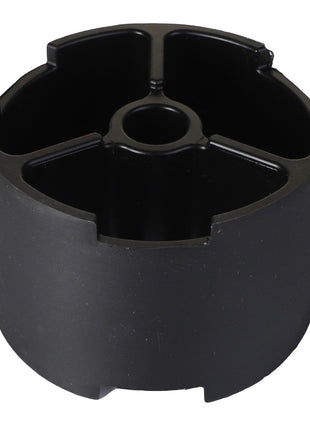 The AGCO | SPACER - ACP0131820 by AGCO is a black plastic cylindrical object featuring four inner compartments and a central hole, ideal for organizing small items. For ordering or additional information, please contact our support team.