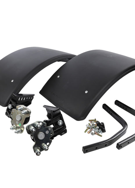 The AGCO Front Mudguard Kit - Acw090161A, featuring two black fenders, mounting brackets, and hardware components for installation, is displayed on a white background. Please note that no current product description information is available.