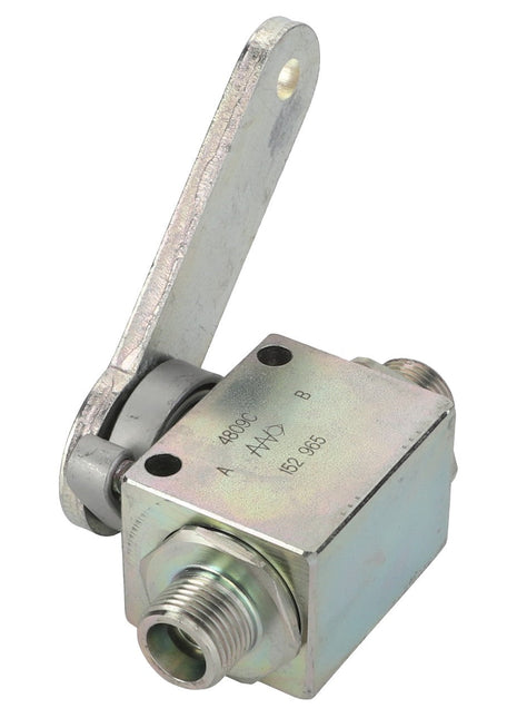 Currently, there is no detailed product description available. The AGCO | Cock - Fel152965 is a metal hydraulic valve featuring a lever handle and two threaded ports, identified by specific labels and serial numbers.