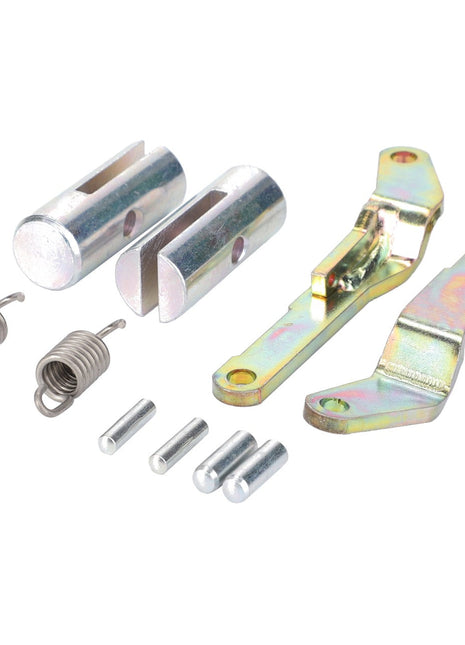 A set of AGCO metallic automotive linkage components, including brackets, springs, pins, and cylindrical parts, featuring the AGCO Locking Bolt, Automatic Clevis and Trailer Hitch - F416500070160 on a white background.