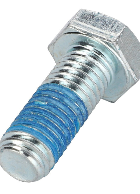 Close-up of the AGCO Hex Head Bolt - 0901-30-88-00, 37mm, with a partially visible blue thread coating, against a plain white background.