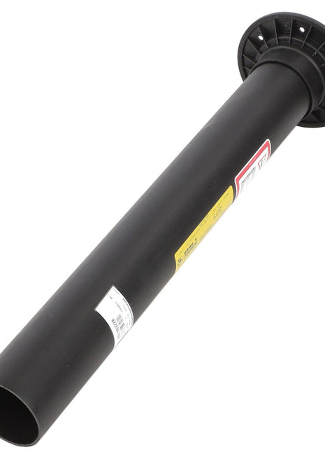 A black cylindrical pipe section with a flange on one end, bearing multiple labels and product markings for easy identification and reference, known as the AGCO | Bat Tube - Fel103228.