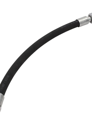 The AGCO Hydr. Hose - Acw1272320 is a flexible black hydraulic hose equipped with metal connectors on both ends, brought to you by the AGCO brand.