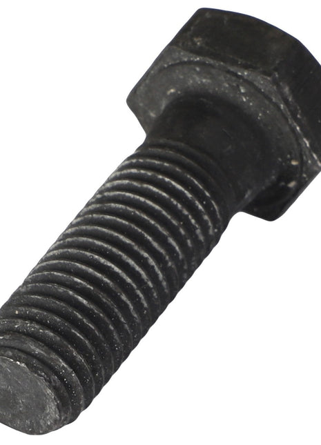 A close-up of the AGCO | Hexagonal Head Bolt - 3010025X1, featuring a sturdy black finish and threaded shank, set against a pristine white background.