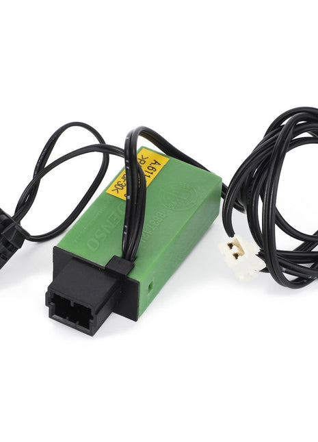 A green electronic module with black cables and connectors attached to it, the AGCO Thermostat - Acw019814B is compatible with Dyna-6 Massey Ferguson models.