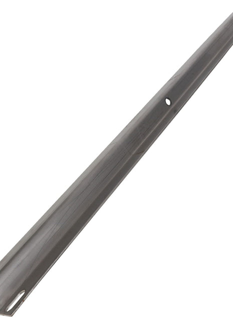 Product Description: The AGCO HOLDER - AG133647 is a long, thin, metallic bar featuring a central hole and small slots at both ends. It appears to serve as a structural component or mounting bracket, though its exact use is unspecified.