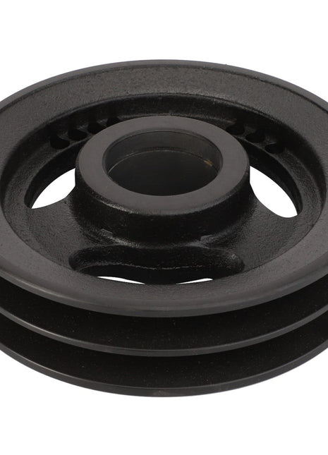 The AGCO | PULLEY - D28480822 is a black metal pulley that features a central hole and two grooves for belts, making it ideal for mechanical and industrial applications. No current product description information is available.