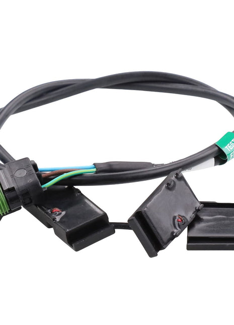 The AGCO Sender - Acx3025830 is a coiled black cable featuring multiple wires connected to three distinct black plastic connectors, with one connector highlighted by a green seal. Additionally, the cable has a green label with text attached to it. Currently, no further product description information is available.