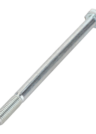 A close-up image of the AGCO | Bolt - Va020814, showcasing its silver hex head, threaded end, and smooth cylindrical shaft, is positioned diagonally against a white background. No current product description available for further details.