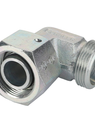 The AGCO Swivel Elbow Fitting - Acw1755130 is a metallic connector designed with internal threading on one end and external threading on the other, perfect for connecting two pipes at a 90-degree angle.
