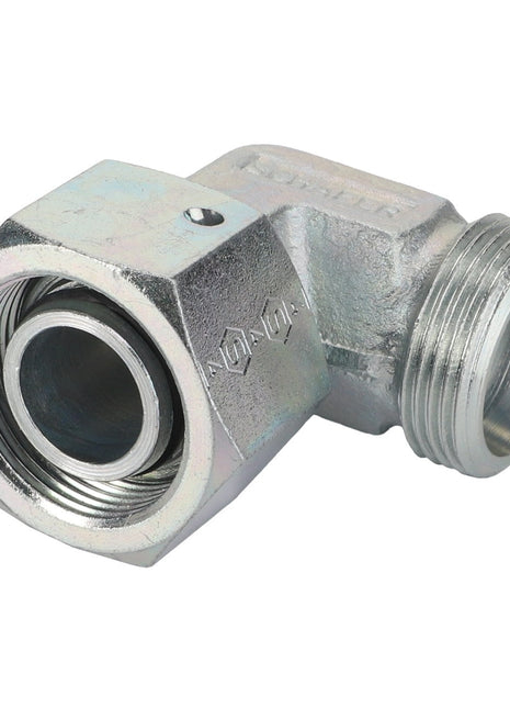 The AGCO Swivel Elbow Fitting - Acw1755130 is a metallic connector designed with internal threading on one end and external threading on the other, perfect for connecting two pipes at a 90-degree angle.