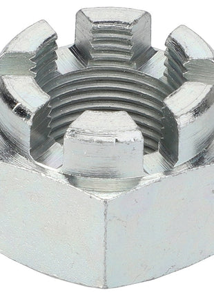 Close-up view of the AGCO Castle Nut - La10723111 with six slots for a cotter pin. No product description available.