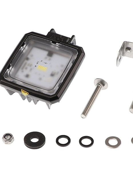 A small LED light fixture named AGCO | Lamp - Acx2986140, complete with a mounting bracket, screws, nuts, washers, and rubber gaskets arranged in front of it for easy assembly by AGCO. No current product description information available at this time.