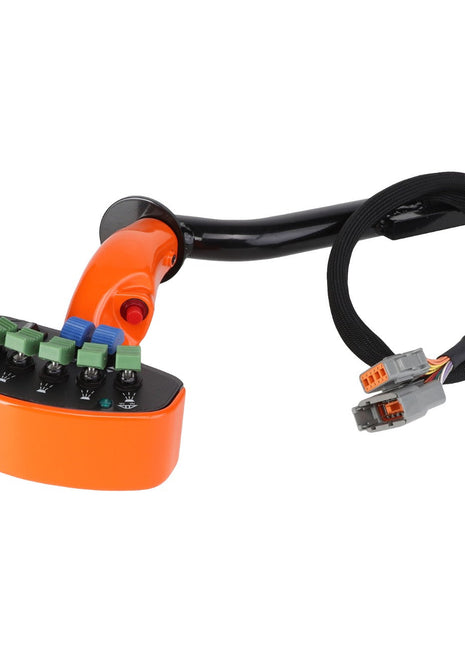 The AGCO | GRIP - AG424068 joystick controller features a sleek black handle, a vibrant orange base, multicolored buttons, and a coiled wire with connectors attached.