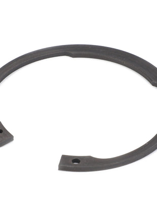 The AGCO Lock Washer - Fel108420 is a black circular retaining ring featuring two small holes on either end and a slight gap in the circle. No current product description available.