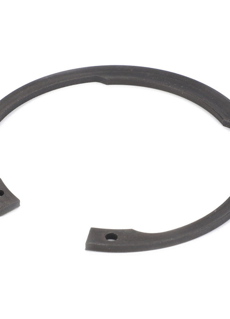 The AGCO Lock Washer - Fel108420 is a black circular retaining ring featuring two small holes on either end and a slight gap in the circle. No current product description available.