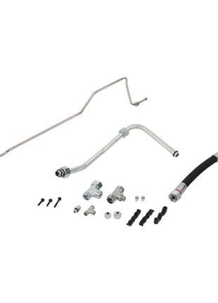 A meticulously arranged collection of automotive components, including metal pipes, a rubber hose, small connectors, and fasteners from the AGCO | Kit - Acp0620140 by AGCO, is displayed on a white background.