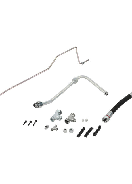 A meticulously arranged collection of automotive components, including metal pipes, a rubber hose, small connectors, and fasteners from the AGCO | Kit - Acp0620140 by AGCO, is displayed on a white background.