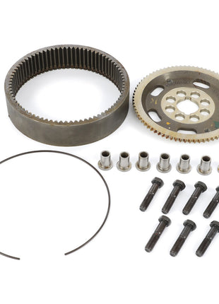 An assortment of mechanical parts, including gears, bolts, cylindrical spacers, and a circular retaining ring—perfect for front axle repair kits—from AGCO's Kit Carrier (Acp0300380), neatly arranged against a white background.