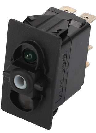 AGCO | SWITCH - D45050005 is a black rectangular rocker switch featuring four metal prongs and two circular openings, one green and one white.