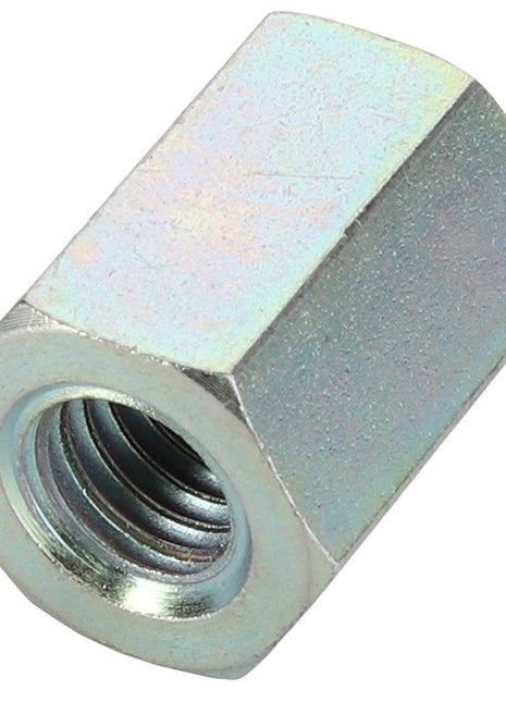 A close-up image of a reflective, steel-like hexagonal coupling nut with an interior threaded design. The product is identified as the AGCO Spacer Bushing - Acw3582380.
