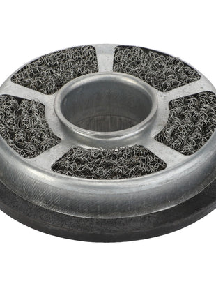 The AGCO | Insert - Acp0233020, a round metal mesh filter with a central opening, is supported by a flat, black base. No further product description is available.