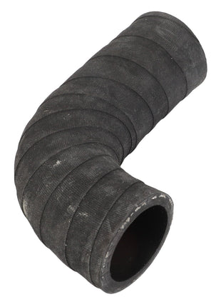 An AGCO Water Hose - Acp0199440, with a ribbed, curved design and both ends open, is showcased against a white background. This robust black rubber component currently lacks an official product description.