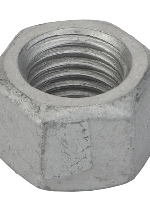 A close-up image of the AGCO Hex Nut - Acp0702750, a metallic hexagonal nut with an internal threaded hole, showcasing its precise engineering.