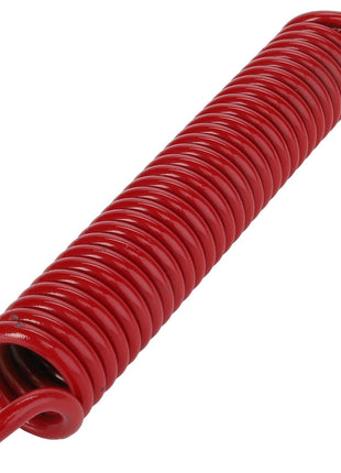 A tightly coiled red metal spring with hooks on both ends, labeled as the AGCO Spring - Acp0013370, lying on a white background.