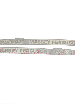 There is no current product description for the AGCO Decal - Acp0421810, designed for the Massey Ferguson 3708 AL tractor. The decals feature the text "3708 AL Massey Ferguson" in gray with a protective film marked by red text.