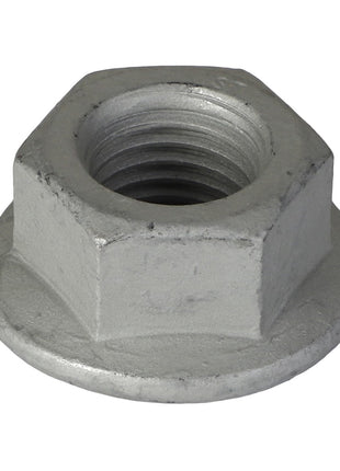 Close-up of the AGCO Hex Flange Nut - Acw1023970, a metal hex nut featuring a circular flange at its base, designed for securing objects in place.