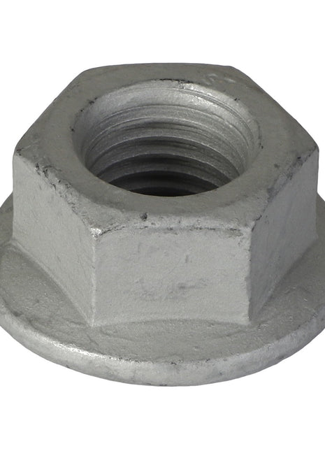 Close-up of the AGCO Hex Flange Nut - Acw1023970, a metal hex nut featuring a circular flange at its base, designed for securing objects in place.