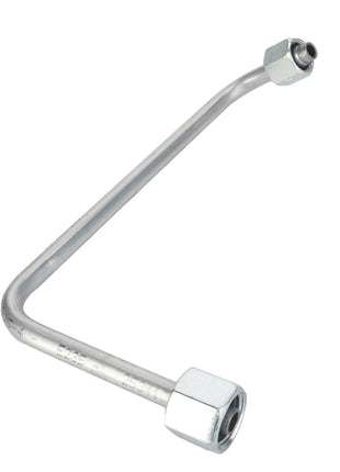 This product description highlights the AGCO Tube - Acw0328110, a metal pipe with a bent shape and threaded nuts on both ends, likely used in plumbing or mechanical applications.