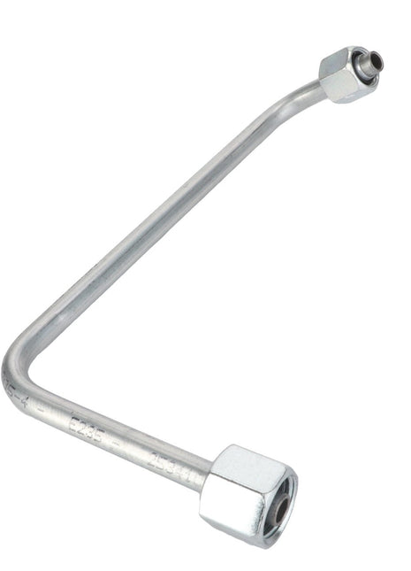 This product description highlights the AGCO Tube - Acw0328110, a metal pipe with a bent shape and threaded nuts on both ends, likely used in plumbing or mechanical applications.