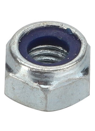 A close-up view of the AGCO Hex Nut - Fel106903 by AGCO, featuring an internal thread and a blue nylon insert, commonly known as a locking nut. No current product description available.