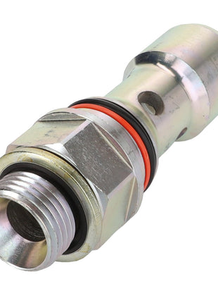 A close-up image of an AGCO Adapter - Acp0298150, featuring threaded ends, an orange O-ring, and a combination of hexagonal and cylindrical sections designed for secure connection and effective sealing. No current product description available.