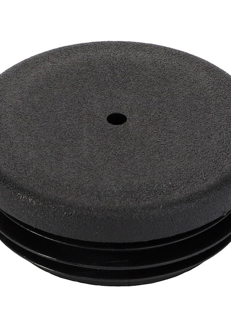 The AGCO LOCKING PLUG - F824200210240 is a black plastic round cap with a single small hole in the center and ribbed edges for grip, providing secure handling. No current product description information available.