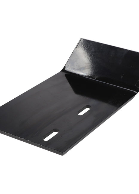 This product description highlights the AGCO ADJUSTING PLATE - ACP0179010, a black metal bracket featuring a flat surface and two elongated holes, bent upward at one end. For ordering assistance or queries, please contact our support team.
